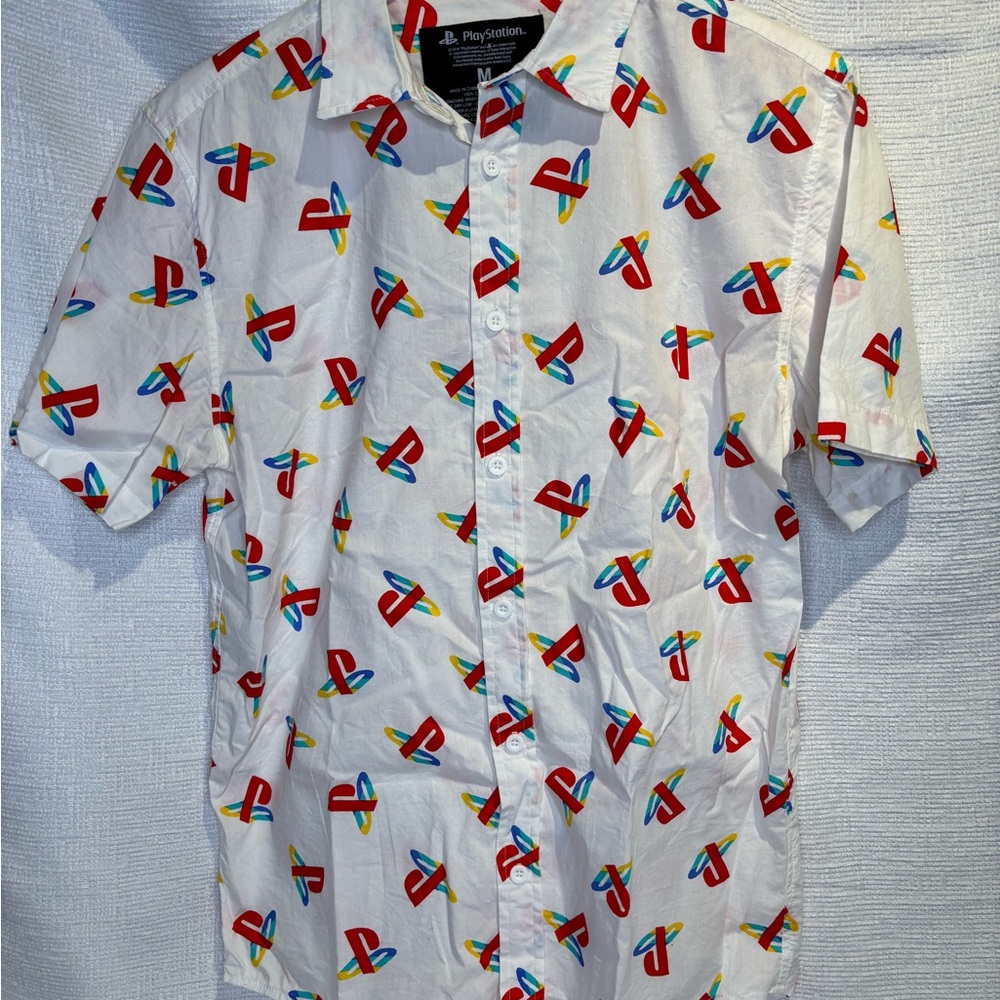 Sony White Short-Sleeve Button-Down Shirt with Multicolor PlayStation Logos